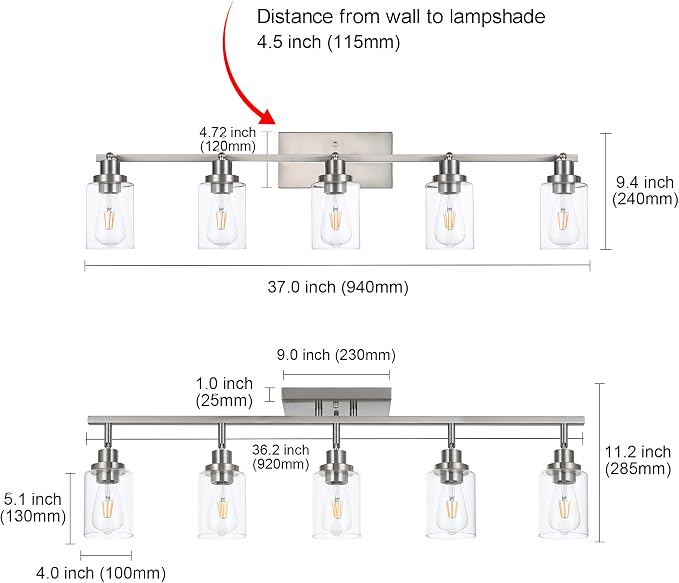 MELUCEE 5 Light Multi-Directional Rotating Track Light Kit Brushed Nickel | 37 Inch Bathroom Light Fixtures Ceiling Spotlight Fixture for Kitchen Foyer Bath, Clear Glass Shade