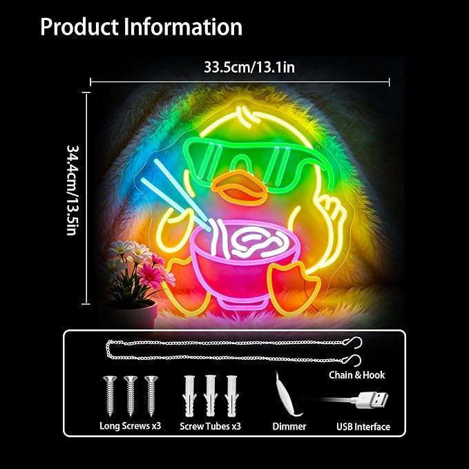 Duck Ramen Neon Sign Led Sign Neon Signs for Wall Decor Neon Light | Duck Led Lights Up Sign, Dimmable, Yellow Room Decor, Boys Girls Gift, Party, Ramen Restaurant Wall Decor, 5V USB Powered
