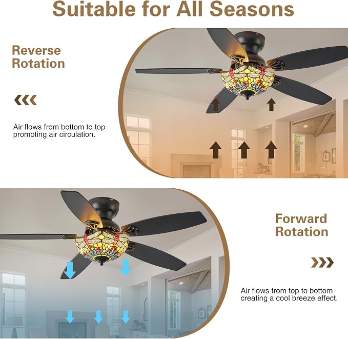 Tiffany Ceiling Fans with Lights-48"Ceiling Fan Chandelier and Glass Shade | 48" Ceiling Fan Chandelier with 5 Dual-Blades and Glass Shade, 6 Speeds and Reversible, Indoor and Outdoor, Retro Style