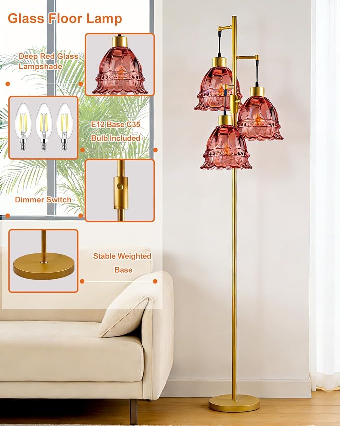 Lightdot 3-Lights Glass Floor Lamp Dimmable Gold Floor Lamp with Deep Red Glass Shade 3000K Bulbs Included Unique Modern Standing Tall Lamp with 5Lbs Heavy Base for Living Room/Bedroom/Sofa Beside