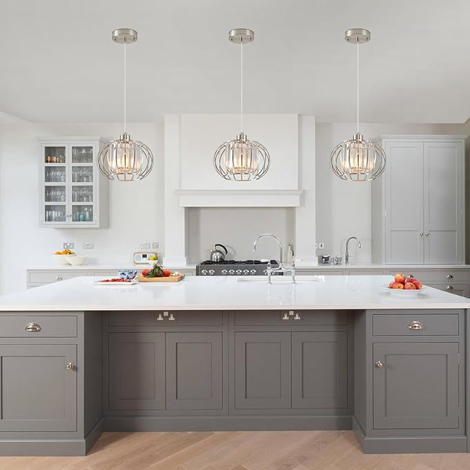 Brushed Nickel Pendant Light Fixtures, Modern Crystal Hanging Ceiling Light, Farmhouse Small Chandeliers, Metal Cage Pendant Lighting, Adjustable Pendant Lights Kitchen Island, Hallway
