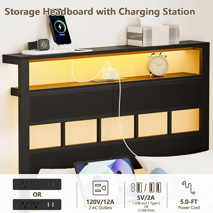 Twin Bed Frames with Charging Station and LED Lights, Black Oak | Heavy Duty Metal Slats Support, 2-Tier Wood Shelf Storage Headboard,USB & Type-C Ports,Noise-Free,No Box Spring,Easy Assembly