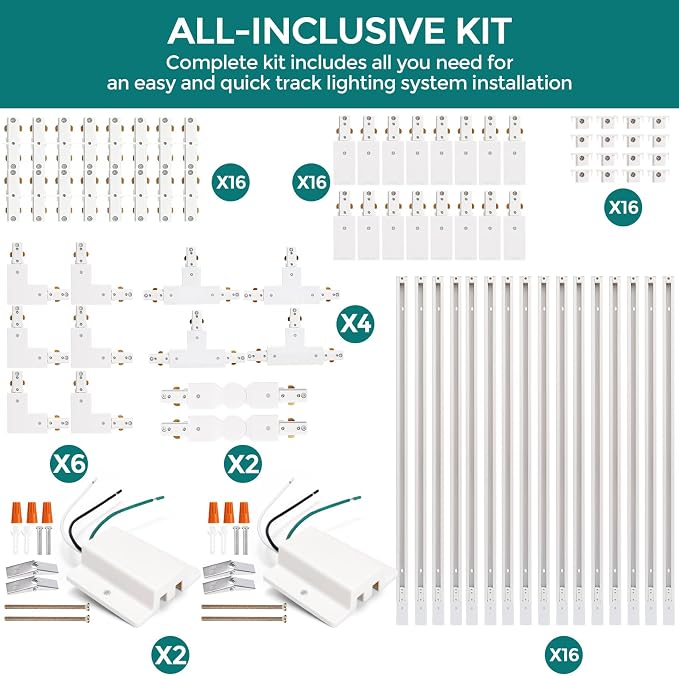 H Track Lighting Rails Kit - iCreating 52.5ft White Track Lighting Tracks 3 Wire with Floating Canopy Connector, L Connector, I and T Connectors for Single Circuit H Type LED Tracks Light Head Fixture