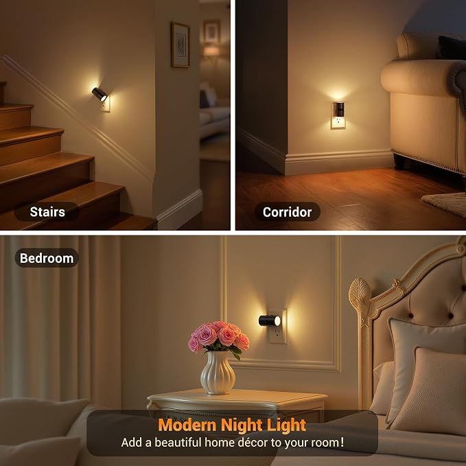 JandCase Motion Night Light, Rotating Night Lights Plug into Wall, 3 Colors | 3000K-5000K-Amber, Dusk to Dawn & Motion Sensor, 3 Level Brightness Nightlight for Bathroom Bedroom Hallway [2 Pack]