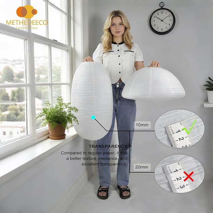 White Paper Lanterns 19+21inch 2PCS Large Rice Paper Lamp Shade Hanging Semicircular and Elliptical Pendant Light Shade Chinese Lantern for indoor bedroom,living room.gift for her