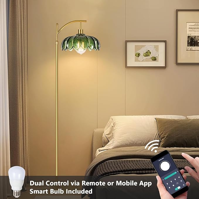 AHDWDW Gold Floor Lamp for Living Room Bedroom with Remote,Unique Vintage Standing Tall Lamp,Mid Century Modern Floor Lamps with Dimmable Bulb,Arc Green Glass Floor Lamps for Office Corner