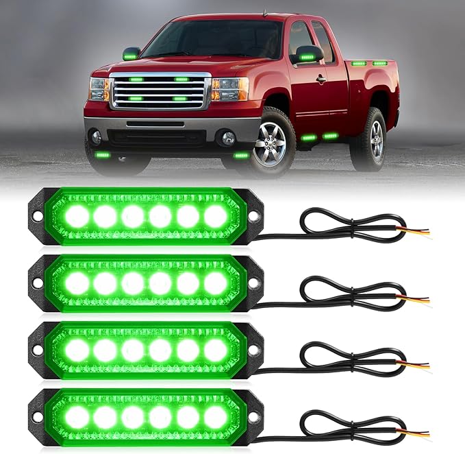 HLauto 406T Emergency Strobe Grille Lights: 4Pcs 6 LED Sync Feature Safety Warning Flashing Light, 12V-24V Ultra Slim Surface Mount Hazard Caution Light for Truck, Vehicle, Car, ATV, UTV (Green)