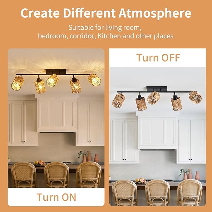 5-Light Track Lighting Fixtures Ceiling E26 Rattan Farmhouse Boho Ceiling Track Lighting Directional Rotatable Modern Track Ceiling Light Fixtures for Kitchen Bedroom Living Room Hallway Foyer