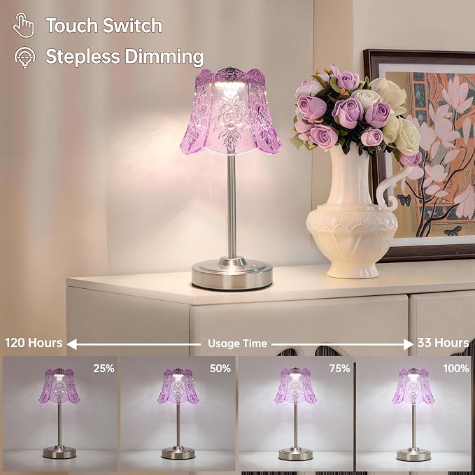Shenmoyl Cordless Touch Table Lamp with 5200mAh Battery - 3 Adjustable Color Temperatures & Dimmable, Rechargeable Desk Lamp for Bedroom, Living Room, Office, Entryway, Bookshelves (Clear Purple Rose)