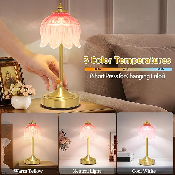Cordless Table Lamp, Rechargeable Blush Pink Glass Lotus Flower Lamp | 5200mAh touch lamp with 3 color modes and stepless dimming, battery operated lamp for nightstands and kitchen counters