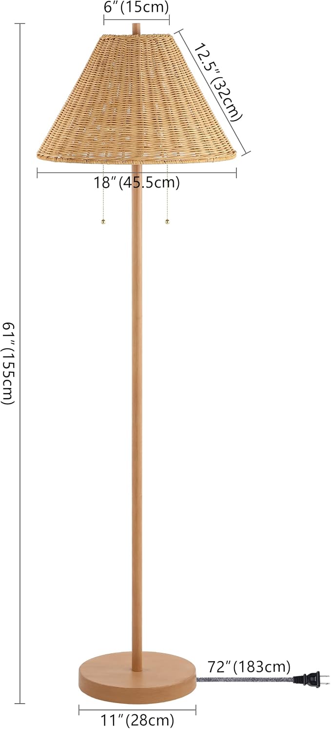 JONATHAN Y Nando 2-Light Coastal Rattan Floor Lamp 61", Brown Wood Finish | Mid-Century Modern, Standing Lamp, Metal Base, Pull-Chain Switch, Woven Coolie Shade, LED Bulbs Included