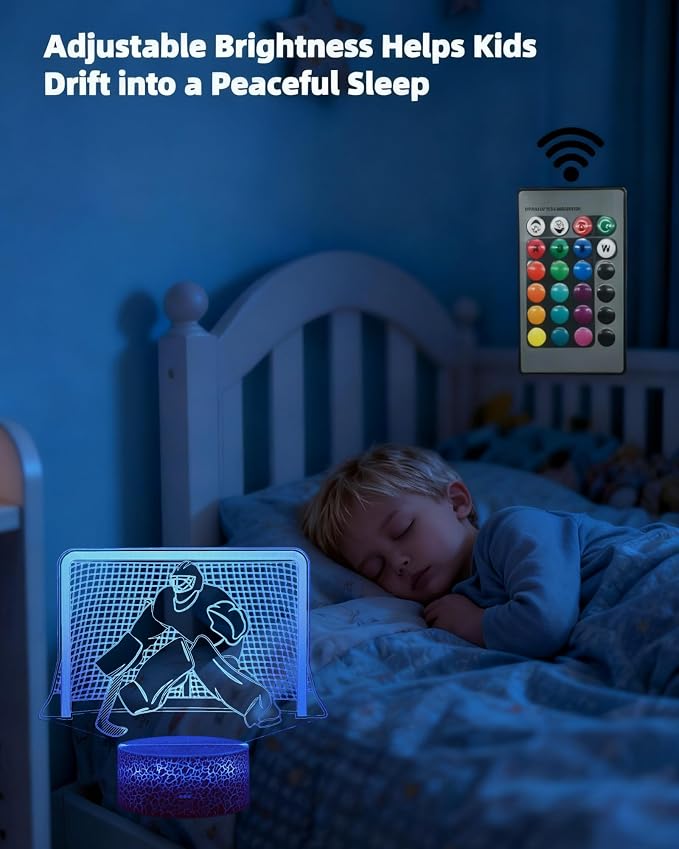 Ice Hockey Player 3D Illusion Night Light, 3 Patterns, Lamp Gift | 16 Color Changing, Dimmable, Touch & Remote Control, Room Bedroom Decor for Boy Girl, Birthday Christmas Toy Kid Teen