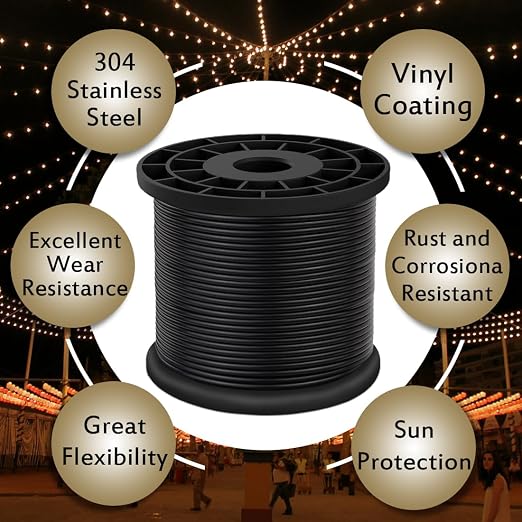 Vinyl Coated Wire Rope 304 Stainless Steel Coated Wire Cable-Black, 1/16" OD to 3/32" x 500FT, with 200 Pcs Crimping Sleeves-Cable for String Lights, Suitable for Clotheslines