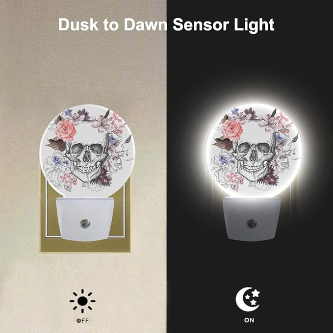 EKOBLA Skull Floral Decorative Night Light Goth Spooky Sugar Skull Skeleton with Pink Flower Rose Plug-in Nightlights Auto on/Off Bedroom Bathroom Decor for Men Women Boys Girls