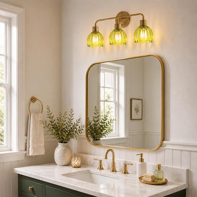 3-Light Gold Brass Bathroom Light Fixture,Wall Sconces,Brushed Gold Vanlity Light Over Mirror,Bathroom Vanity Light with Green Glass Flower Shade,E26 Socket(Bulbs Not Included)
