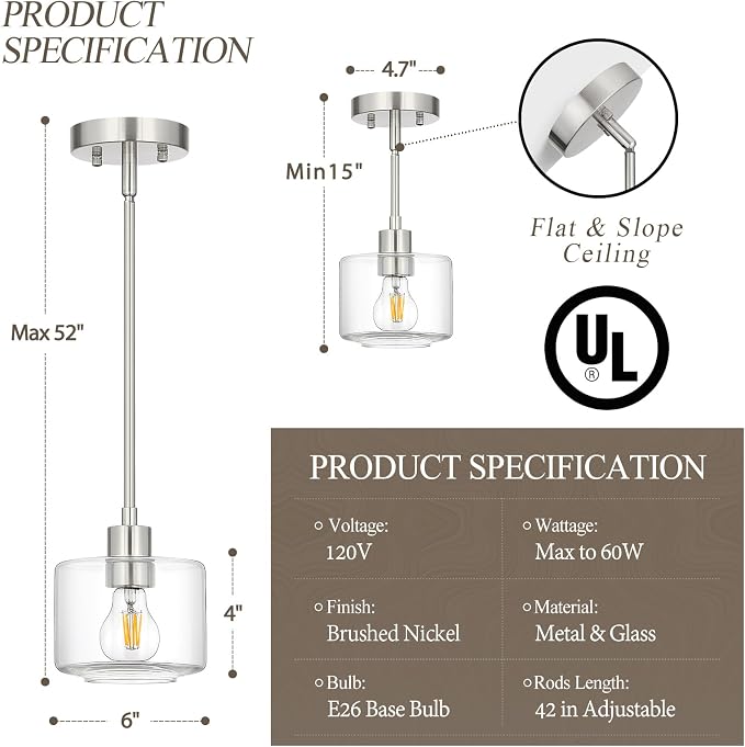 Brushed Nickel Pendant Lights Kitchen Island 2 Pack, Modern Clear Glass Hanging Light Fixtures with Rods, Mini Kitchen Pendant Lighting Over Island for Sink Bathroom, OS-YQ8153-2PBNC