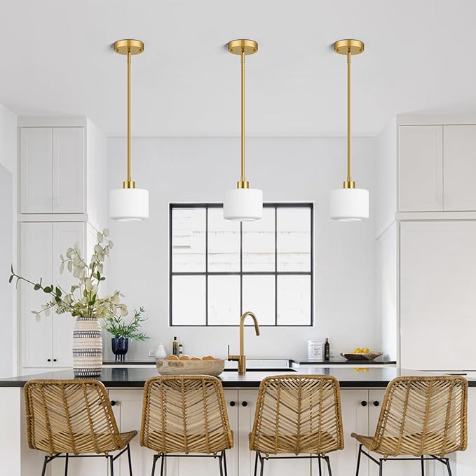 Brushed Gold Pendant Lights Kitchen Island 2 Pack, Modern Milk Glass Hanging Light Fixtures with Rods, Mini Kitchen Pendant Lighting Over Island for Sink Bathroom, OS-YQ8153-2PBG