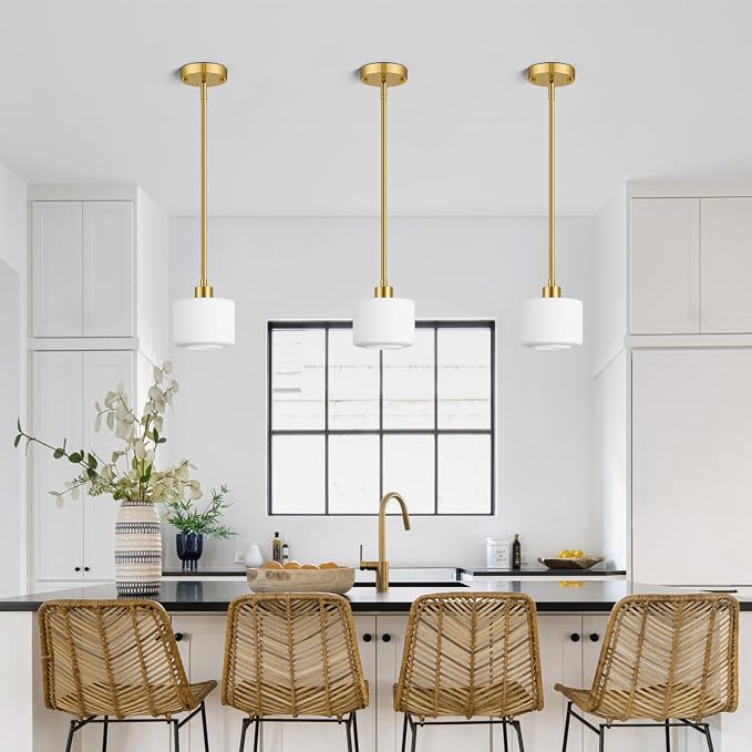 Milk Glass Pendant Lights Kitchen Island, 1-Light Modern Brushed Gold Hanging Light Fixtures with Rods, Mini Kitchen Pendant Lighting Over Island for Sink Bathroom, OS-YQ8153-1PBG