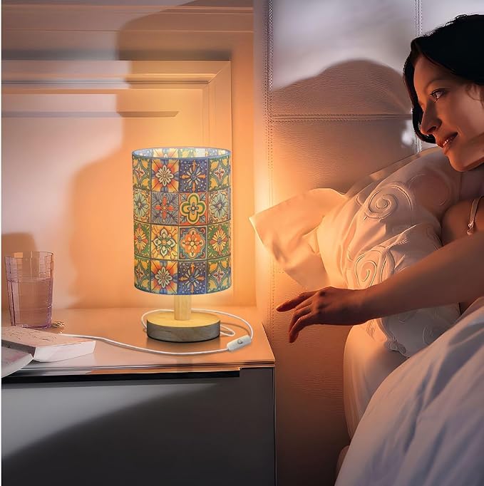 Vintage Mexican Tile Patterns Colorful Ethnic Bedside Table Lamps with USB Port for Bedroom Lamp Accent Table Lamp Small Nightstand Lamp Sturdy Linen Shade Decorative Lamps for Kids|Dorm|Home