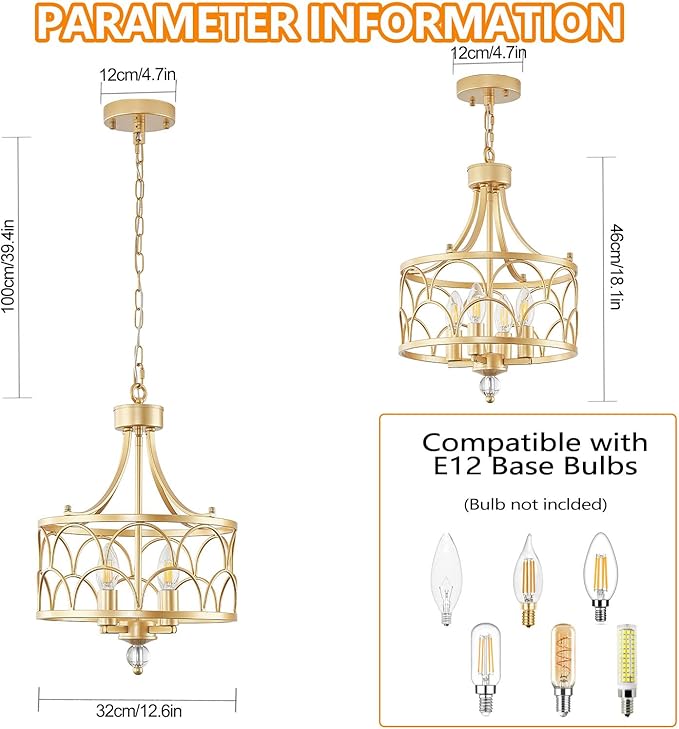 4-Light Gold Chandelier,12.6in Farmhouse Lantern Pendant Light Fixture,Adjustable Hanging Ceiling Lamp with E12 Socket,for Kitchen Island,Bedroom,Entryway,Dining Room