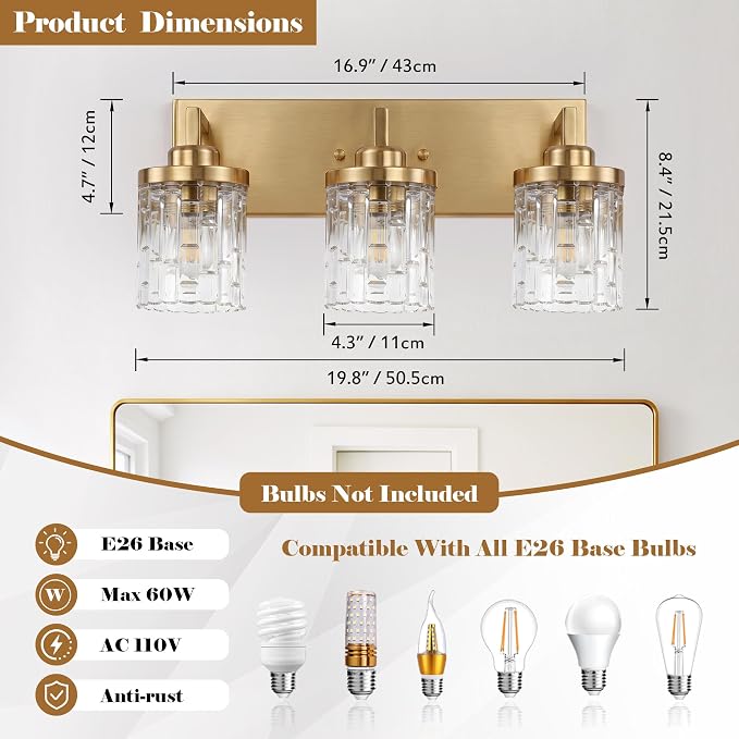 maesta Gold Bathroom Light Fixture,3 Light Modern Vanity Light Over Mirror | Modern Vanity Light, Gold Metal & Crystal Glass Fixture, Anti-Rust, Easy to Install for Bathroom Hallway Bedroom Entryway