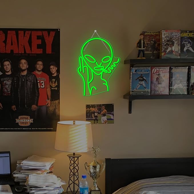 Green Alien LED Neon Signs for Wall Decor Shop Bar Pub Man Cave Game Room Decor Hip Hop Party Signs For Green Bedroom Wall Decor Birthday Party Funky Aesthetic Room Decor