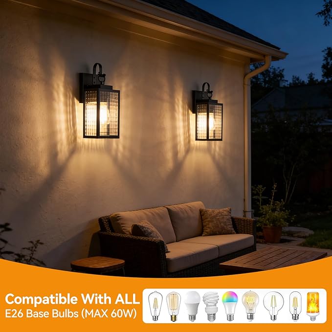 2-Pack Dusk to Dawn Outdoor Wall Light, Black All-Metal Frame | Checkered Glass, Soft Ripple Glow. Auto On at Dusk, Off at Dawn. Waterproof Rust-Resistant Metal. DIY Install on Porch