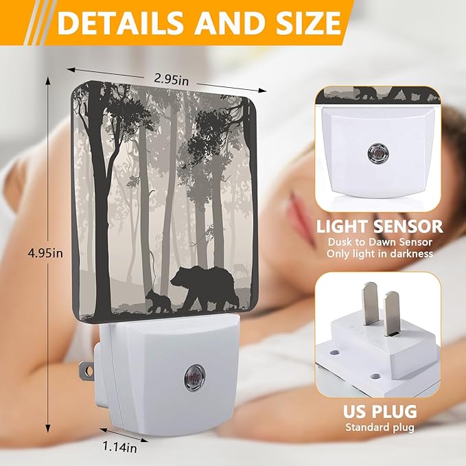 Bear Pine Tree Black Night Light, Plug-into Foggy Forest Nightlight White LED Lamp, Energy Efficient Decor Desk Lamp for Bedroom Hallway Stairs Bathroom