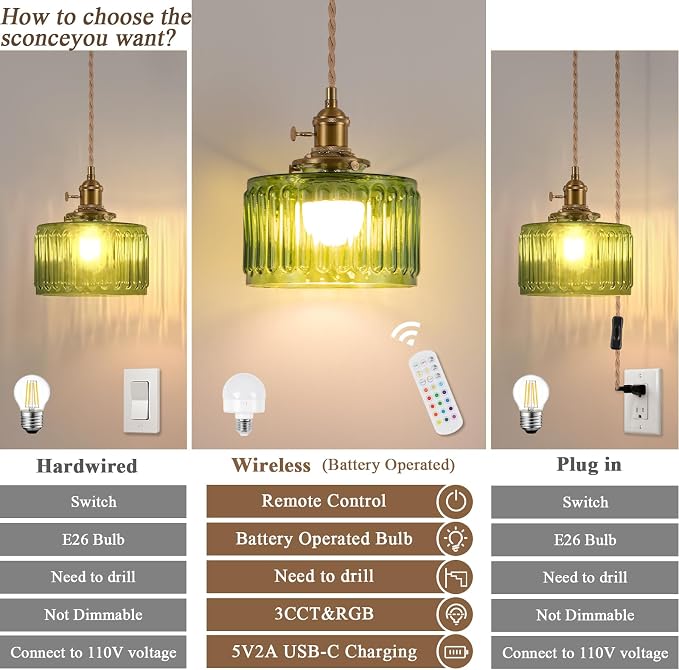 Battery Operated Pendant Light,Vintage Light Fixtures RGB Rechargeable Light Bulb 2500mAh 6.6in with Remote Control Wireless Adjustable Chandelier for Kitchen Island Hallway 1 Light