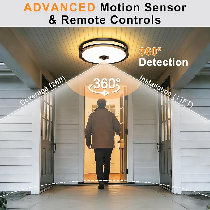 12" LED Motion Sensor Outdoor Ceiling Light with Remote, 24W | Dusk to Dawn, 2700K/3000K/3500K/4000K/5000K Dimmable, 4 Lighting Modes, 24W Flush Mount Ceiling Light for Entryway, Black