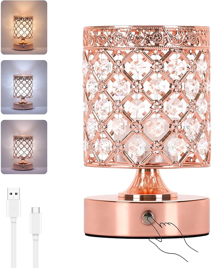 Rose Gold Crystal Rechargeable Cordless Table Lamp, Touch Small Desk Lamp | 6000mAh Battery, 3 Color Temps, Stepless Dimming, USB Charging, Portable Wireless Night Light for Bar Bedroom Living Room