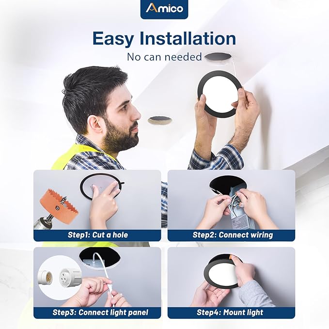 Amico 24 Pack Black 6 Inch 5CCT Ultra-Thin LED Recessed Ceiling Light with Junction Box, 2700K-5000K Selectable, 1050 Lumens, Dimmable Canless Wafer Downlight, 12W Eqv 110W-ETL&FCC