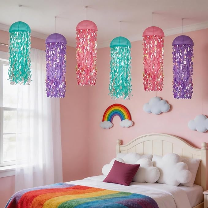 Jellyfish Paper Lanterns with LED Lights Set of 6, Lilac/Pink/Turquoise Dome Hanging Floating Decorations for Under The Sea Party Mermaid Birthday Ocean Classroom Beach Room Aesthetic