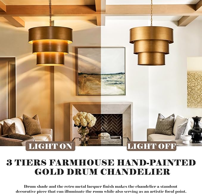 21" Vintage Metal Drum Chandelier, 7-Light E12 Industrial Adjustable Chain Hanging Pendant Light Fixtures. 3 Layer Lampshade Gold Metal Drum Chandelier for Foyer Entryway, Kitchen, Bedroom