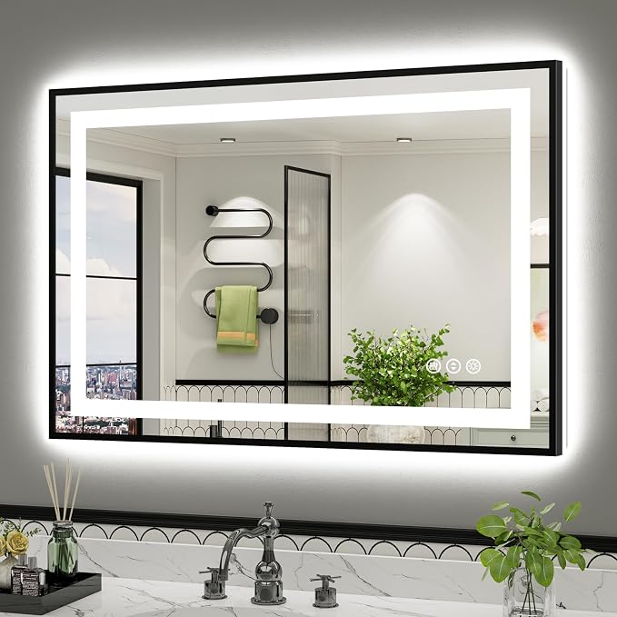 44x30 Inch LED Bathroom Mirror with Black Frame, Backlit & Front Lit | Anti-fog, 3 Color Dimmable, Memory Function, HD Reflection Tempered Glass, ETL Listed, IP54 Waterproof