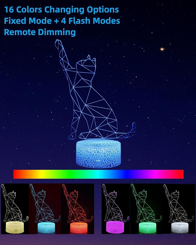 Cat 3D Illusion Night Light, Cute Kitten Gift, 2 Patterns | 16 Colors Changing, Dimmable, Touch & Remote Control, Boy Girl Bedroom Décor Lamp, Birthday Christmas Toy for Kid Lover Women