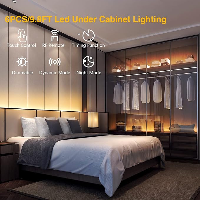 DAYBETTER Under Cabinet Lighting Kit,6 PCS 20 Inch Strip Lights with Remote | Dimmable,2700K-6500K Dual-Color Tunable White,Timing,24V Adapter,Under Cabinet LED Lights for Bedroom,Kitchen,Counter,9.8ft
