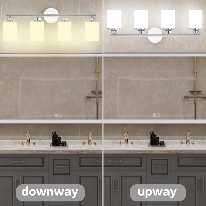 Chrome Mid-Century Modern Bathroom Sconce with Frosted Glass, 4-Light Vanity Lights Over Mirror
