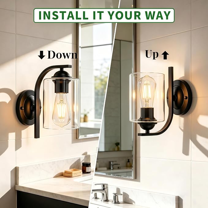 2-Pack Wall Sconces Lights Lamp for Bedroom Bathroom, Modern Vanity Light Fixtures, Black Farmhouse Wall Mount Lighting Lanterns with Clear Glass Shade for Living Room Mirror Hallway Kitchen