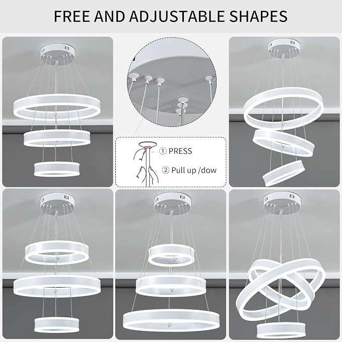 O'NEELDY Modern LED Chandeliers Adjustable Hanging White Pendant Light Fixture 3 Ring Flush Mount Chandeliers for Bedroom,Kitchen,Island Cafe