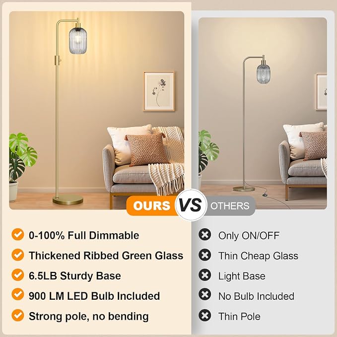 【Upgraded】 Dimmable Floor Lamp for Living Room with Gray Ribbed Glass Lampshade, Gold Modern Floor Lamp with 900LM LED Bulb Included, Arc Standing Tall Lamp for Bedroom, Office, Reading Room, Corner