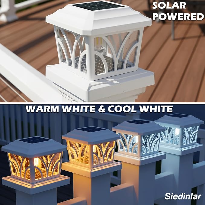 SIEDiNLAR Solar Post Cap Lights Outdoor, Aluminum Glass 2 Modes Edison LED Bulbs for 4x4 5x5 6x6 Wooden Vinyl Posts Deck Fence Patio Decor, Warm White/Cool White Lighting 8 Pack (White)