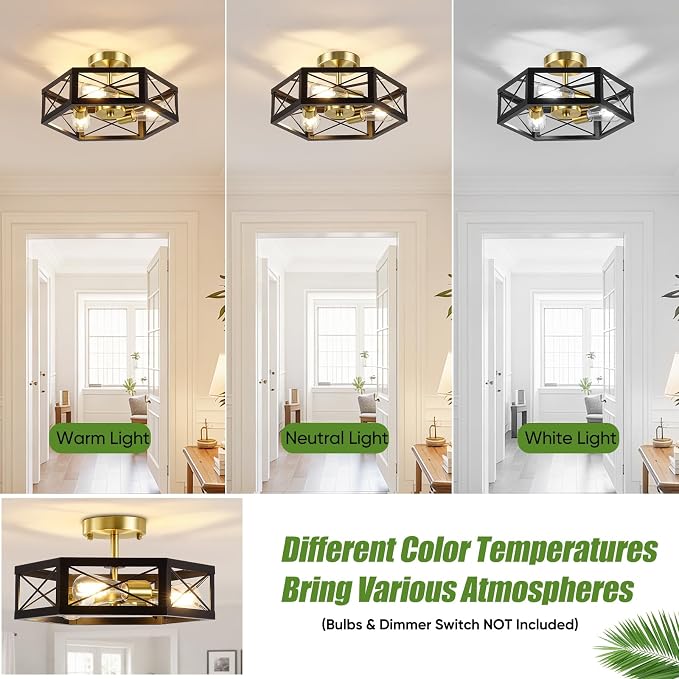 3-Light Semi Flush Mount Ceiling Light, Black and Gold Hallway Light Fixtures Ceiling Mount, Modern Metal Hexagon Cage Close to Ceiling Lights for Kitchen, Bedroom, Living Room