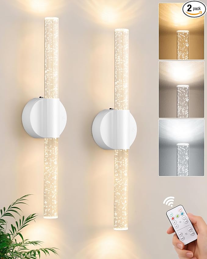 VerRon Peel and Stick Rechargeable Magnetic Wireless Wall Sconces Set of 2 | Linear Wall Lights with Remote&Touch Control, 3CCT&Dimmable Battery Powered Vanity Wall Lamp for Bedroom Living Room