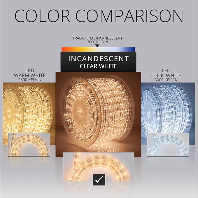 Wintergreen Lighting 150ft 1800-Bulb Incandescent Heavy Duty Rope Light Spool, 120V ETL Indoor Rope Lights Plugin Outdoor Tube Lights ½ Inch, Accessories and Mounting Clips Included, Clear
