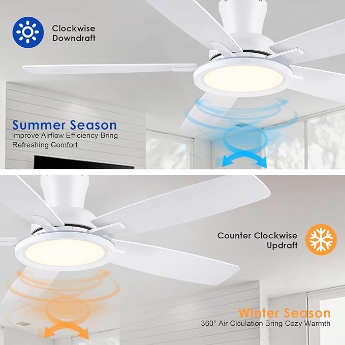 Flush Mount RGB Ceiling Fan with RGB Light - 52In White Ceiling Fan Light with Reversible Mute Motor, 3CCT LED Dimmable, Low Profile Modern Ceiling Fans for Indoor, Party, Living Room