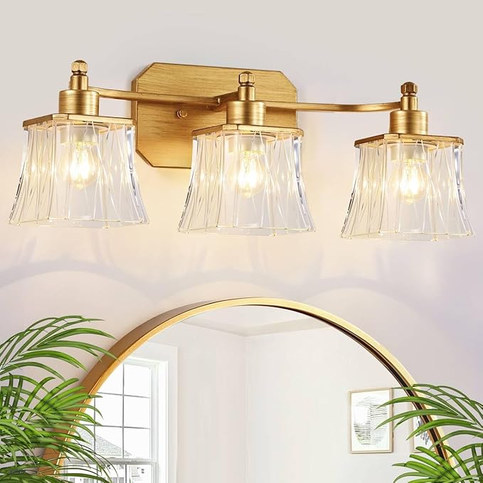Gold Bathroom Vanity Light Fixture, 3-Light Vanity Lights for Bathroom , Matte Antique Brass Finish, with a Square Crystal Glass Shade, Vintage Bathroom Lighting Fixture over Mirror (Gold, 3 Light)