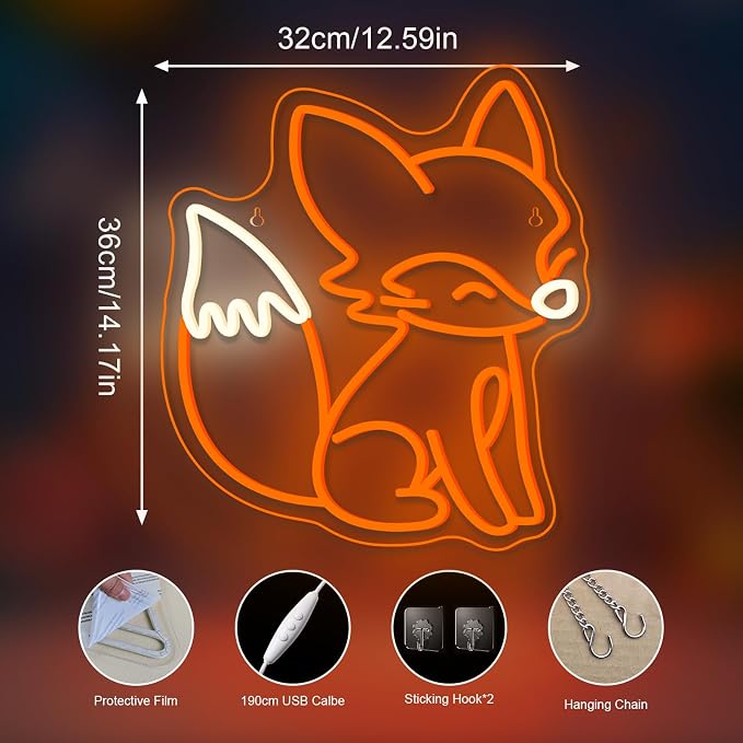 Fox Neon Sign Animal Neon Light for Classroom Bedroom Living Room Fox Wall Decor Anime LED Sign Orange Light Up Library Nursery Book Store Birthday Gifts for Teens Animal Lovers