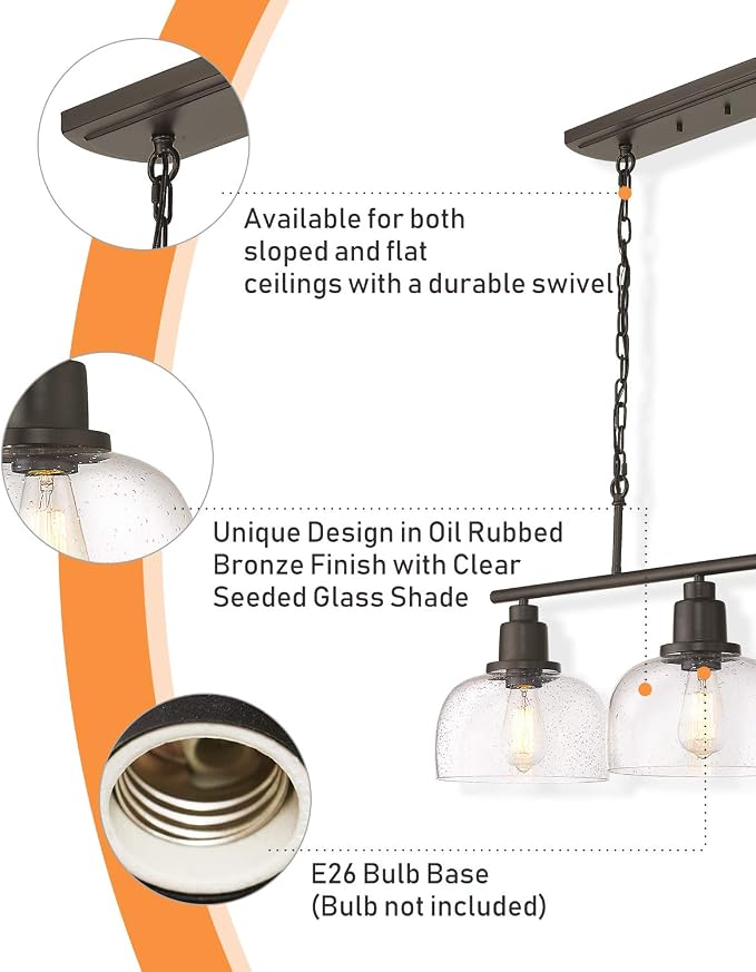 EAPUDUN 3-Light Kitchen Island Light, 35.4" Farmhouse Chandelier for Dining Room Pool Table Pendant Light, Black Finish with Seeded Bubble Glass, PDA1125-ORB