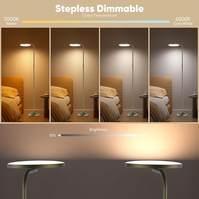 36W LED Floor Lamp, Super Bright Standing Lamp, Modern Stepless Dimmable Torchiere Tall Lamp with Remote Control, 350°Rotating Head Reading Floor Lamp for Living Room, Bedroom, Office
